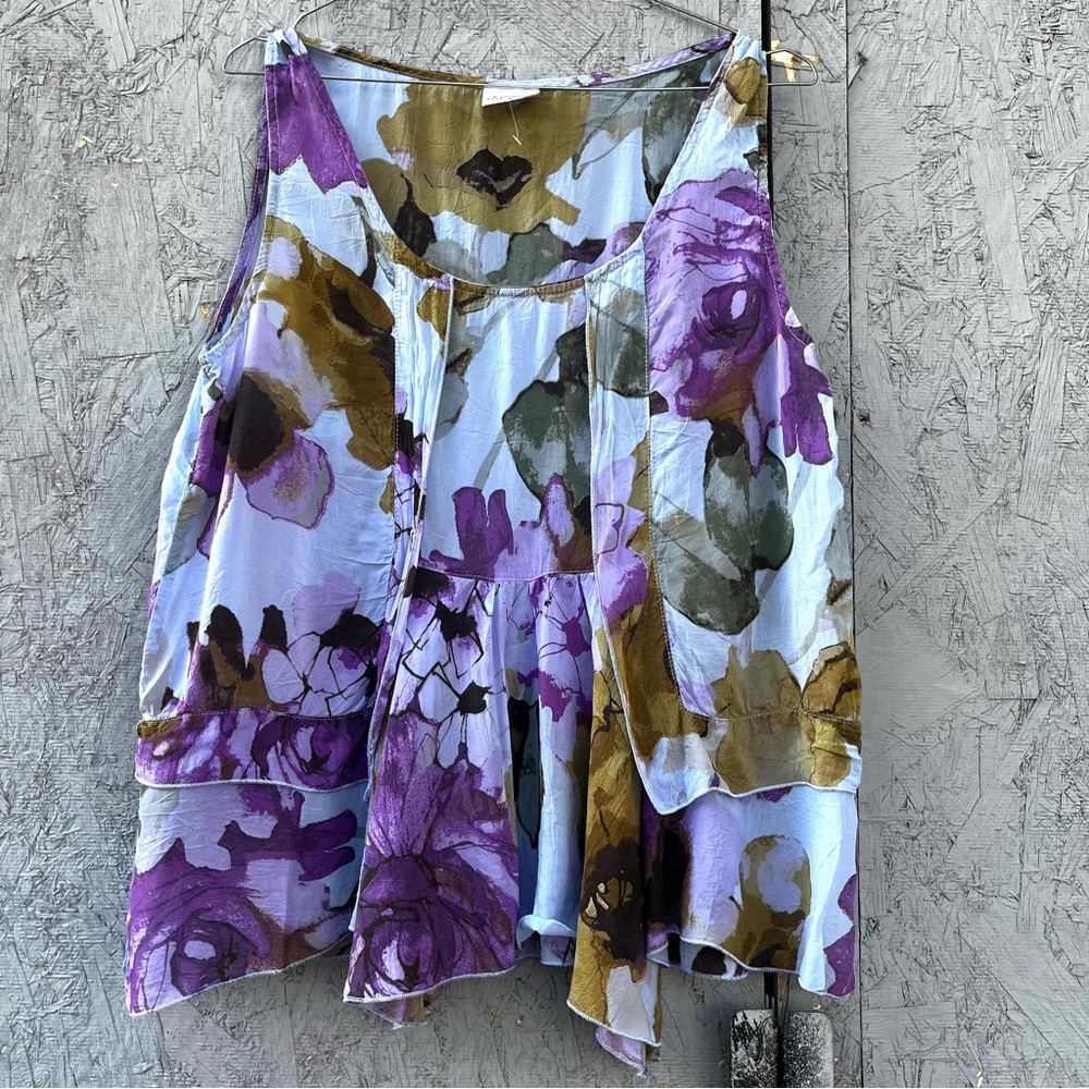 Click by Color Me Blue Floral Top Rayon Sleeveless Ruffle Blouse Vintage Sz M